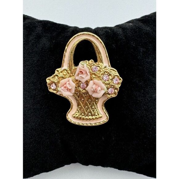 1928 Jewelry - 1928 Flower Basket Brooch Enamel Iridescent Crystals Porcelain Gold Tone Vintage